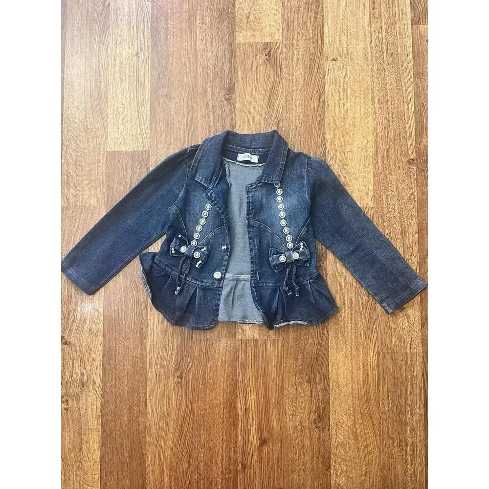 Peacolate Denim Jacket Rhinestone Buttons Ruffle Size 3-4 Girls Lightweight